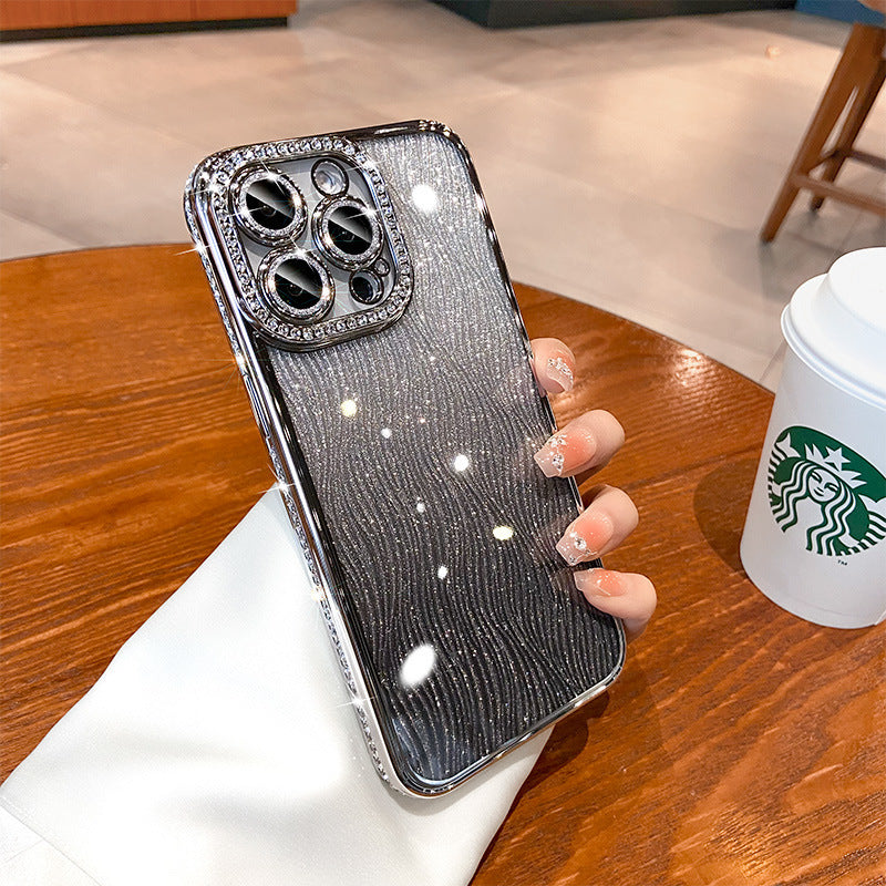 Sparkling electroplated rhinestone iphone 17 pro case - water ripple gradient glitter apple 16 soft case 14