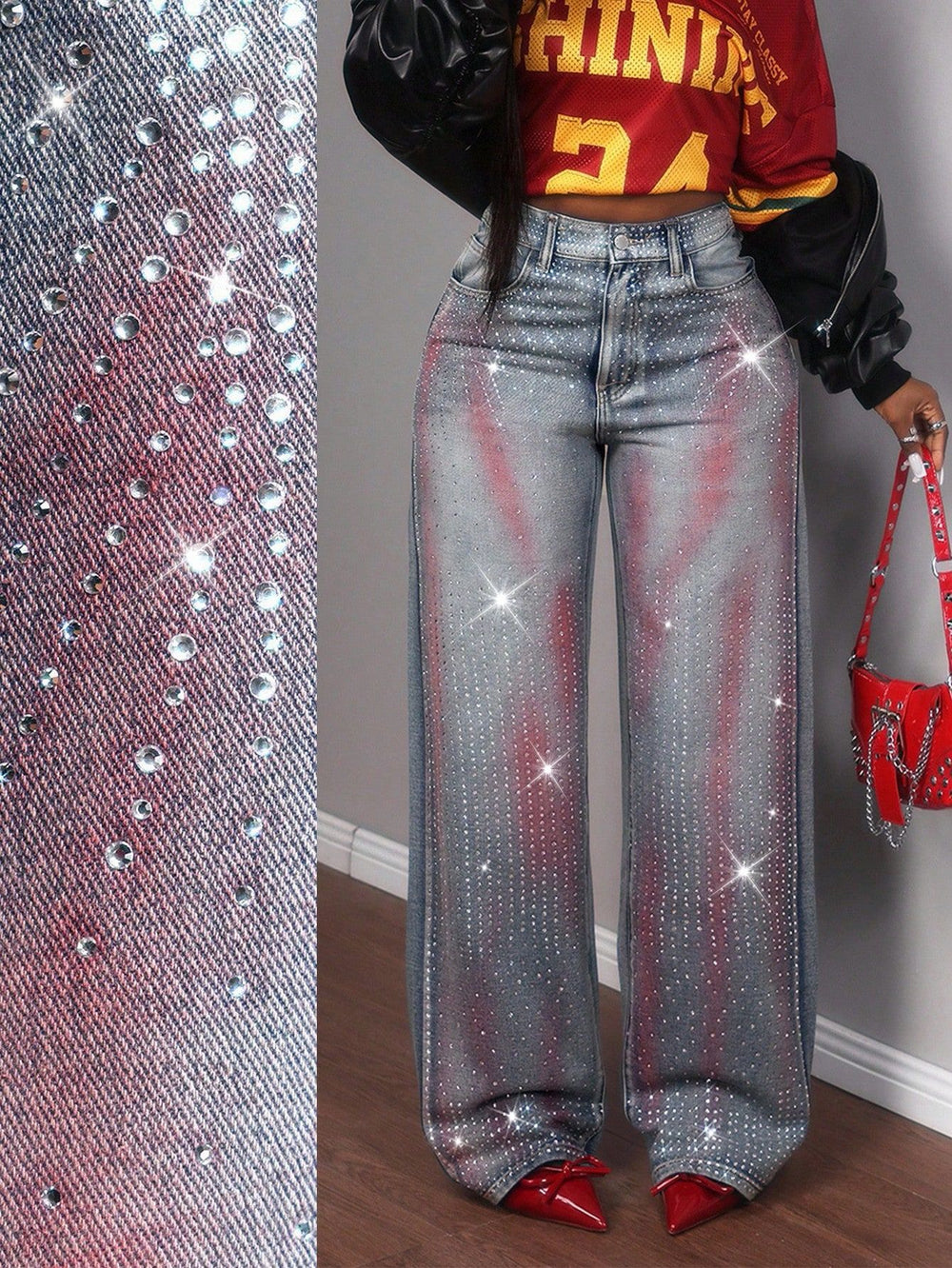 Fashion heavy industry hot diamond gradient red pattern wide leg jeans women's high waist washed bright diamond drapedmoppants cross-border