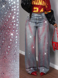 Fashion heavy industry hot diamond gradient red pattern wide leg jeans women's high waist washed bright diamond drapedmoppants cross-border