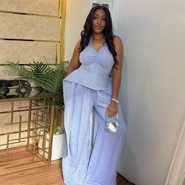 European and American  women's clothing 2025 summer new fashion neck V-neck sleeveless solid color top wide-leg pants set