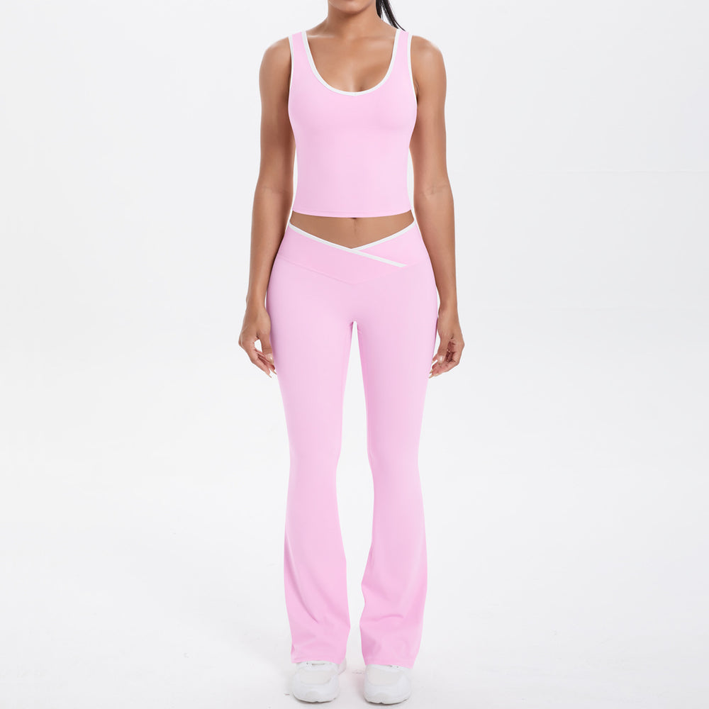 Cross high waist sports suit women's contrast color nude tight yoga clothes quick-drying breathable outdoor running fitness suit