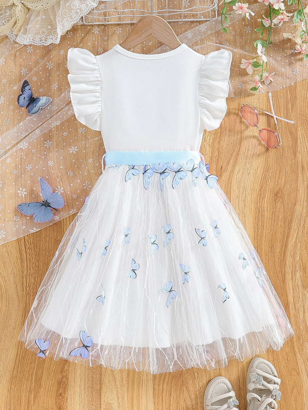 girls' summer dress with flutter sleeves, butterfly print, white and blue color block, and a flowy tulle skirt - princess style for kids
