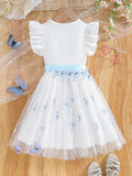 girls' summer dress with flutter sleeves, butterfly print, white and blue color block, and a flowy tulle skirt - princess style for kids