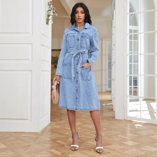 PTC70054 #European and American   women's waist dress straps light blue denim skirt