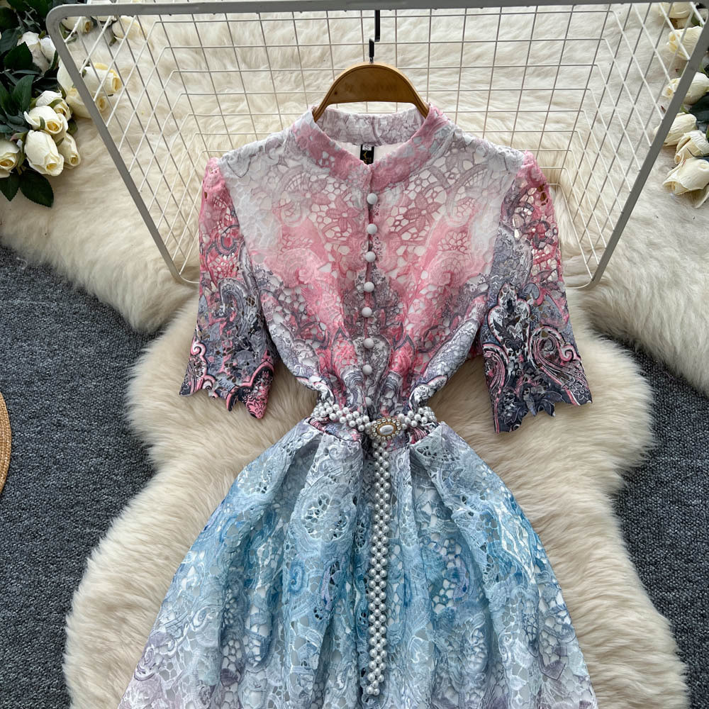 elegantdress women's high-end sense of strap waist half length sleeves cut out crochet laceprinting large swing long skirt