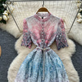 elegantdress women's high-end sense of strap waist half length sleeves cut out crochet laceprinting large swing long skirt