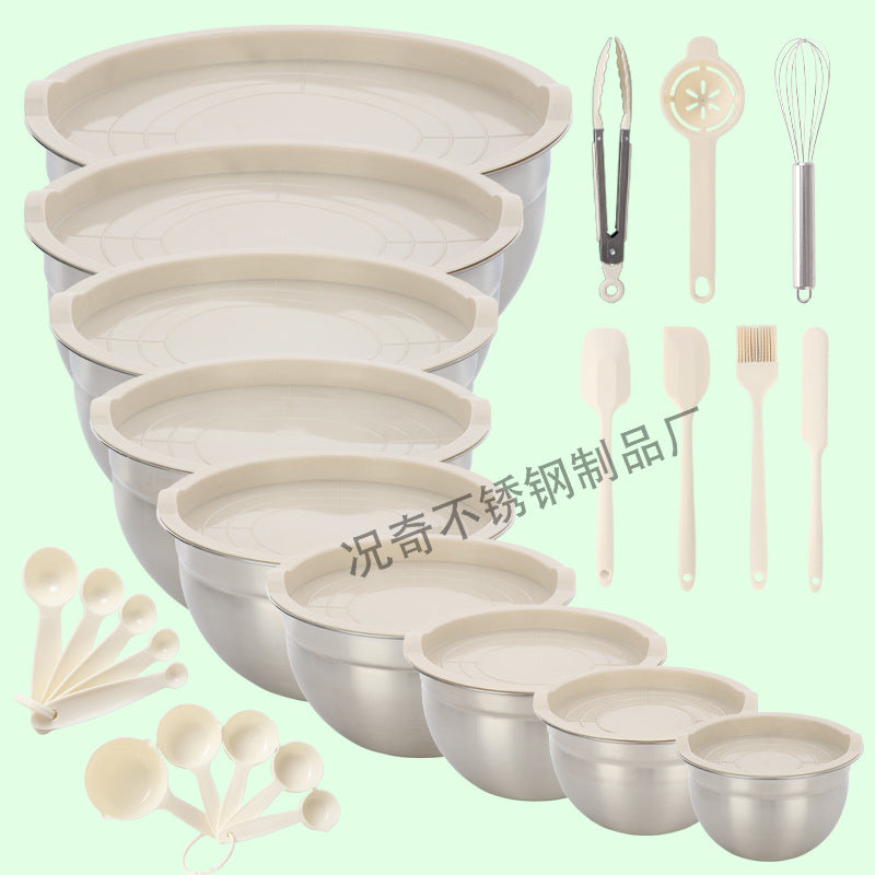 Stainless steel deep salad bowl with color-sprayed lid, round mixing bowl with non-slip silicone base for kitchen use