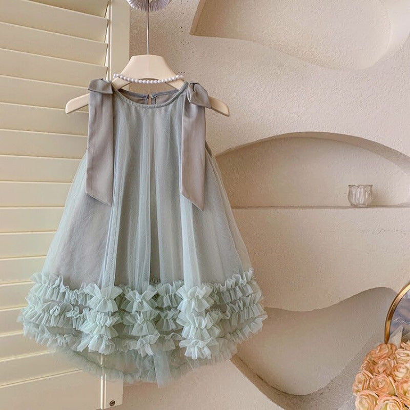 Girls' summer dress : stylish new children's bowknot mesh princess dress, baby sleeveless formal gown