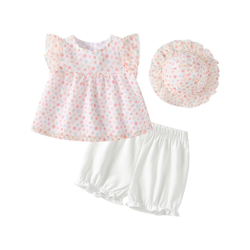 Ready-to-ship  summer new arrivals: japanese-style cartoon cute girls' polka dot three-piece outfit - little girl's clothing