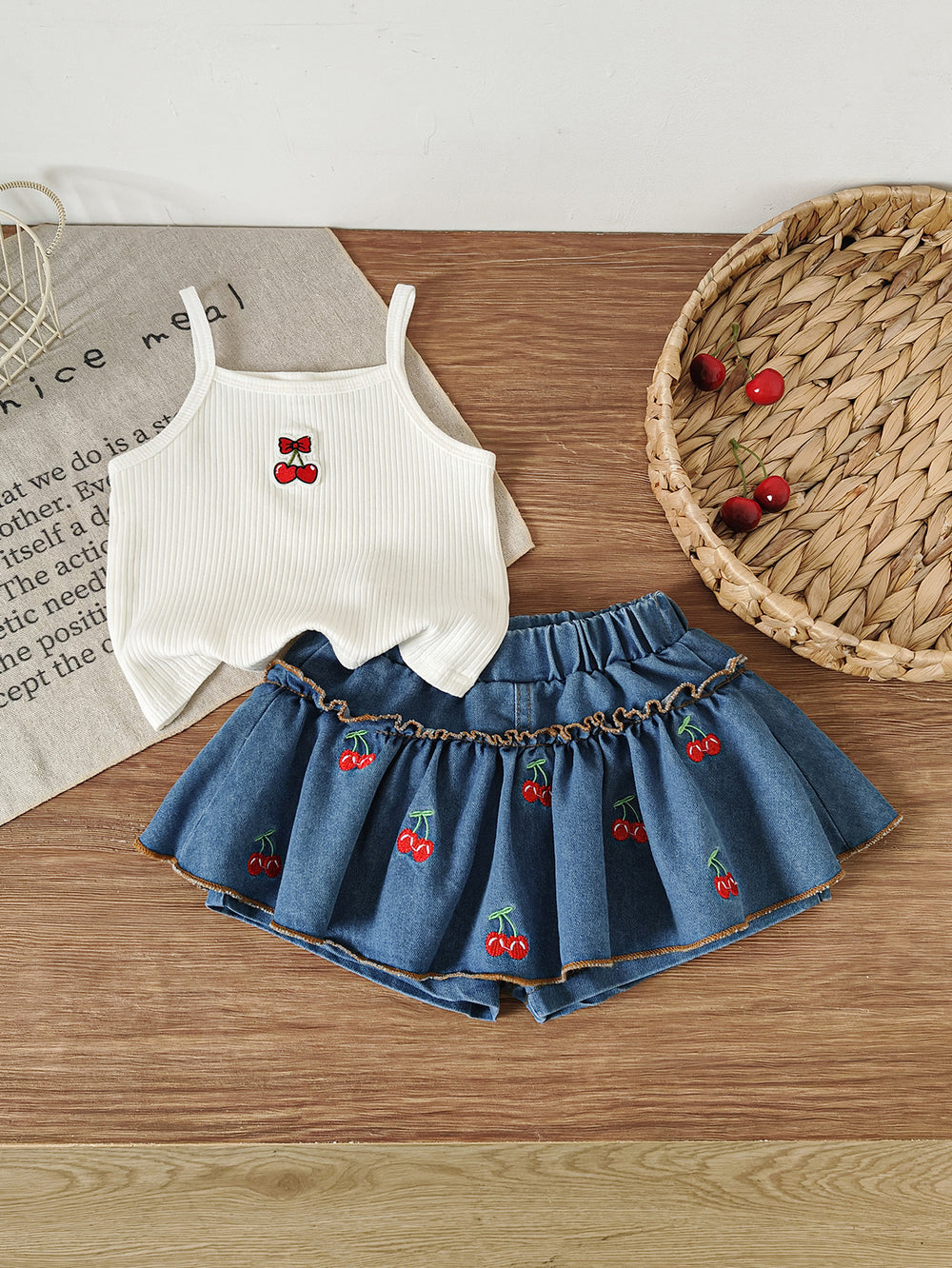 new summer cross-border ruffle trim crew neck top & heavy-duty denim beaded skort set (two-piece)