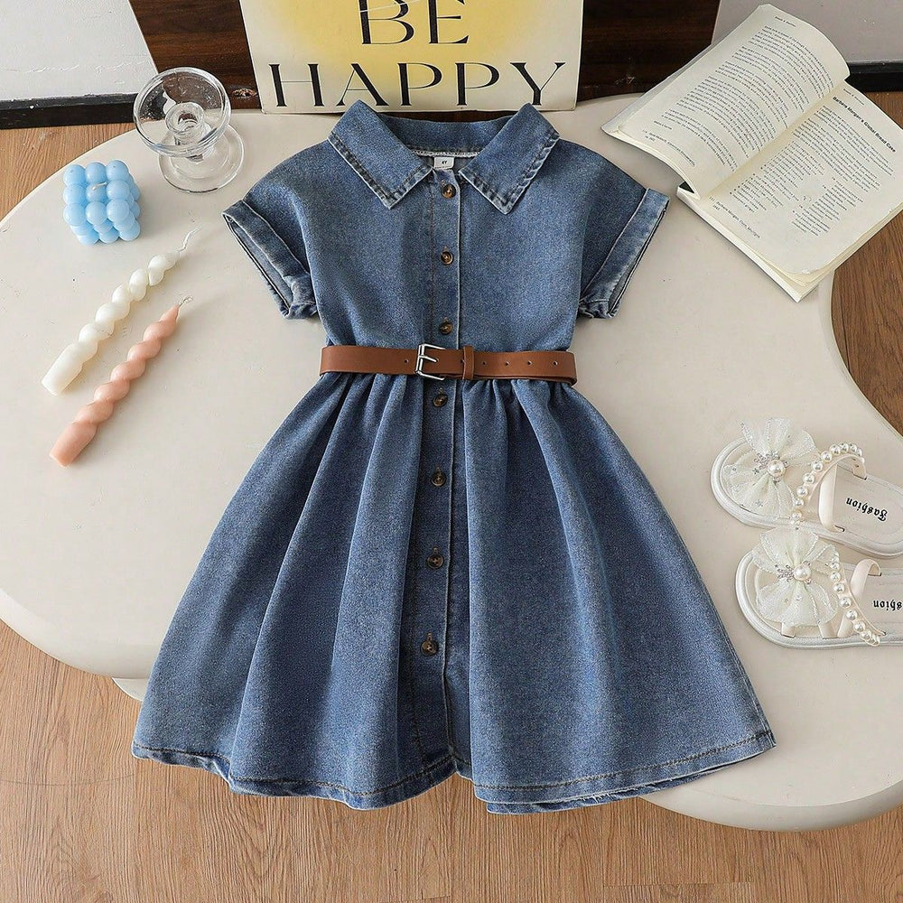 hot-selling girls' a-line denim washed dress with turn-down collar - cross-border exclusive