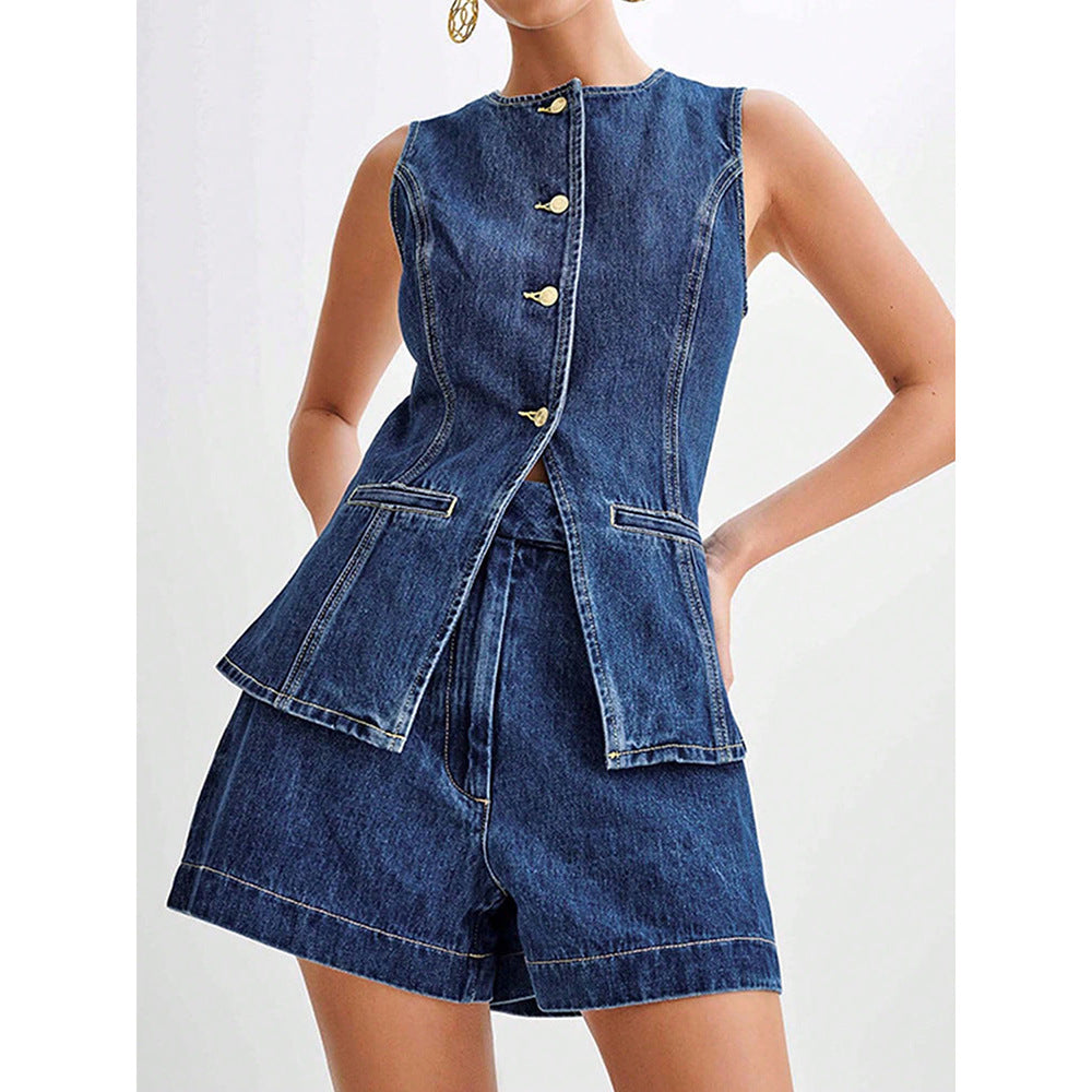 timu foreign trade hot-selling european and american trendy denim sleeveless top and shorts set, ready stock dropshipping wholesale set