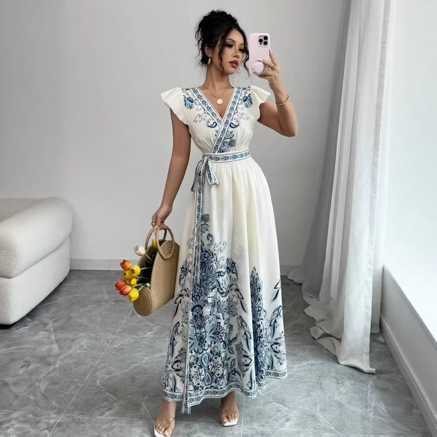 european and american cross-border new summer v-neck fitted patchwork dress
