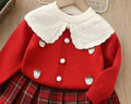Girls' knit sweater cardigan & plaid skirt set - new autumn collection  - strawberry collar, baby girl red knit outfit