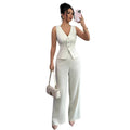 summer new women's solid color sleeveless slim-fit vest and high-waisted casual pants two-piece set - cross-border e-commerce