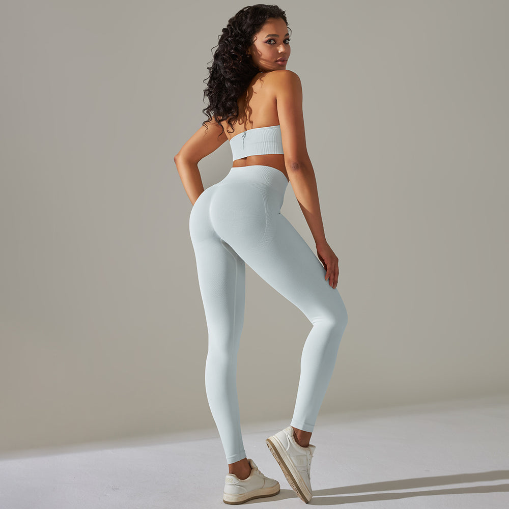 Spring/summer new solid color knitted seamless peach lift leggings with sports bra set - yoga & fitness apparel for women