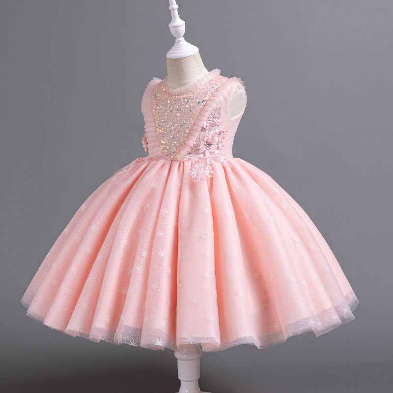 Children's fashionable european and american style mesh tutu dress - sleeveless flower girl dress for piano recitals and runway shows