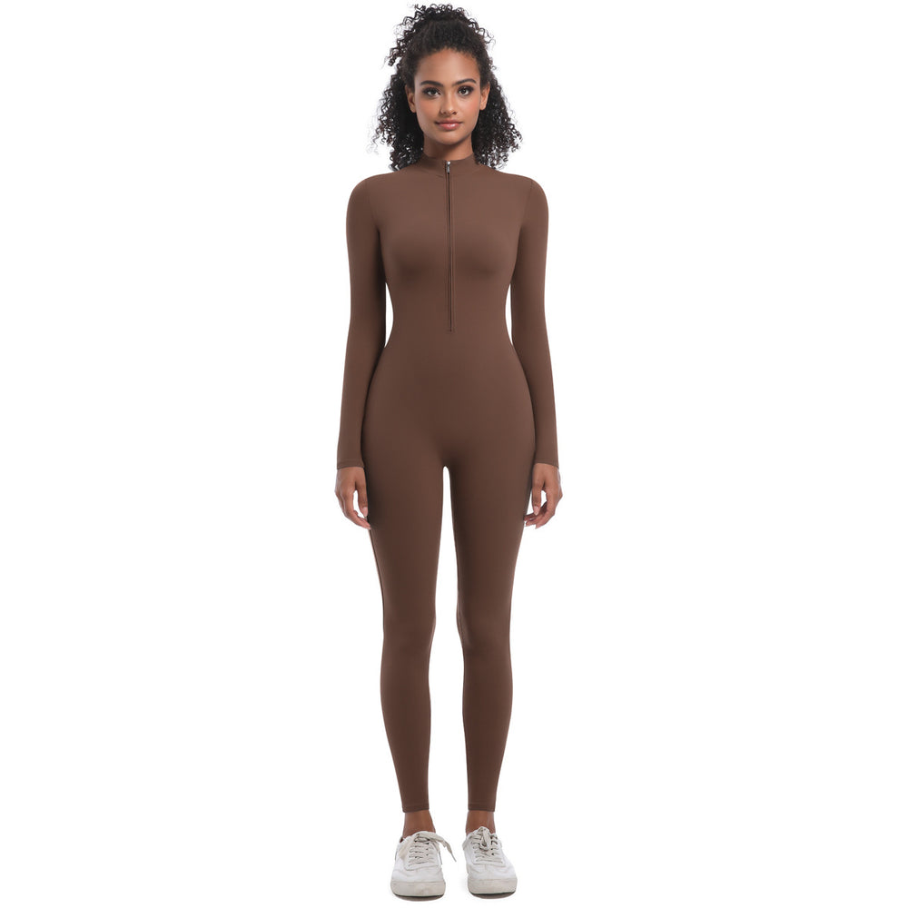 New arrival cross-border fashion half-open zipper tight pure color high elastic long yoga wear fitness running sports jumpsuit