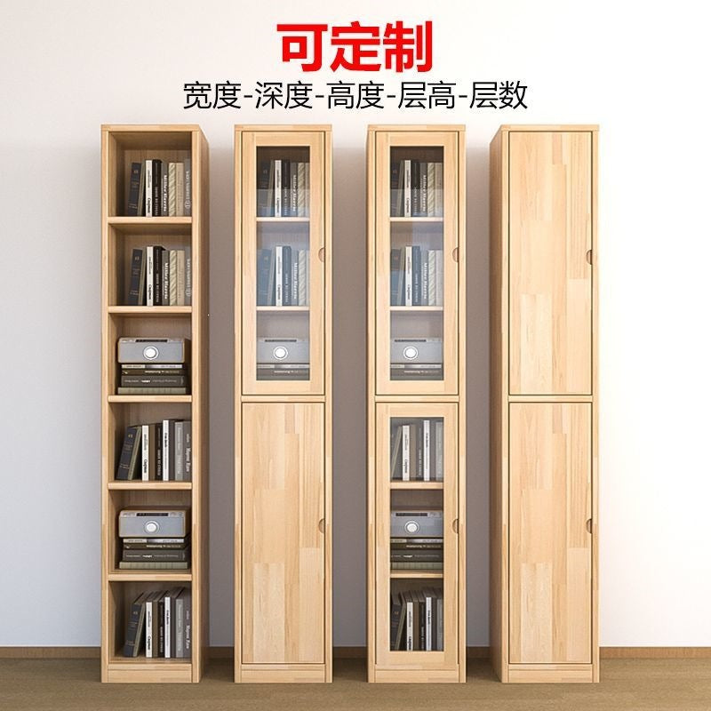 Solid wood bookcase with glass door, kids' bookshelf, home living room storage cabinet, dustproof display cabinet, narrow gap shelf