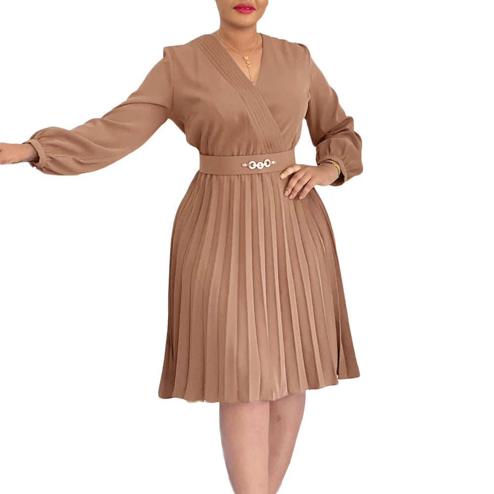 D3316 european and american cross-border  spring new arrival: ol style v-neck fashion pleated high-waisted african dress for export