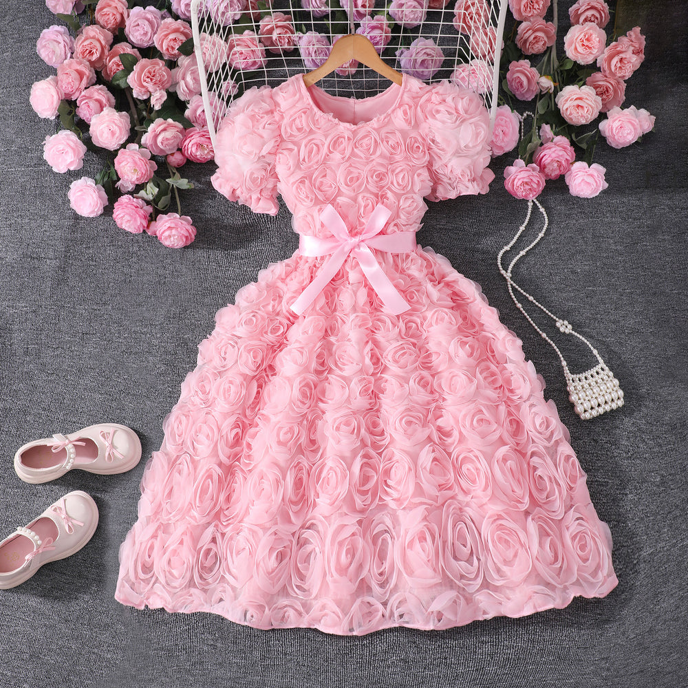 Girls' dress (sizes for mid-to-large children), 3d rose embellished dress + bow belt