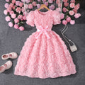 Girls' dress (sizes for mid-to-large children), 3d rose embellished dress + bow belt