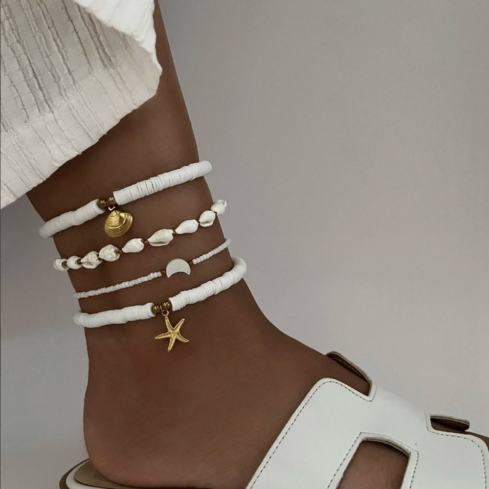 Fashion cross-border vacation style four-piece set shell anklet fashioncasual stacked multi-layered rice beads starfish braided anklet