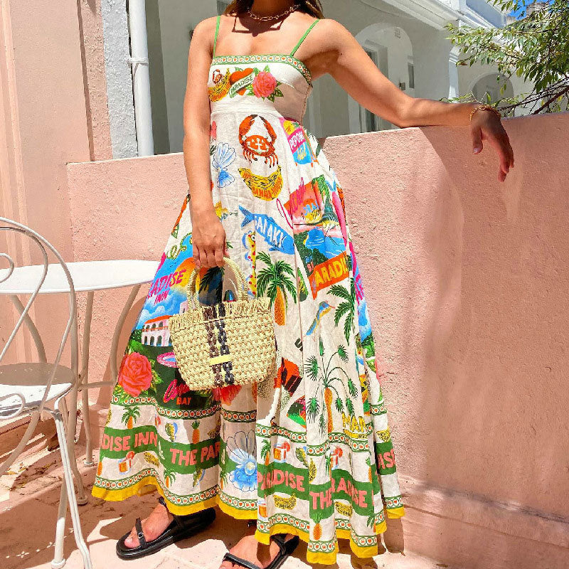 new european and american cross-border women's fashion sexy camisole graffiti linen print maxi dress - style 661