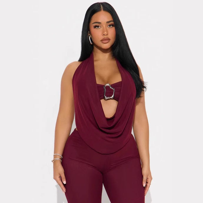 European and american summer new women's cross-border sexy metallic embellished off-the-shoulder bandeau halter top slim-fit pants set