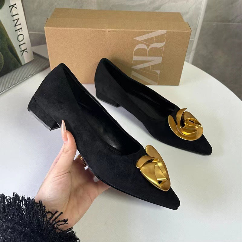 Spanish z brand women's shoes 2024 spring new collection black low-cut slip-on pointed-toe metal flower flat loafers