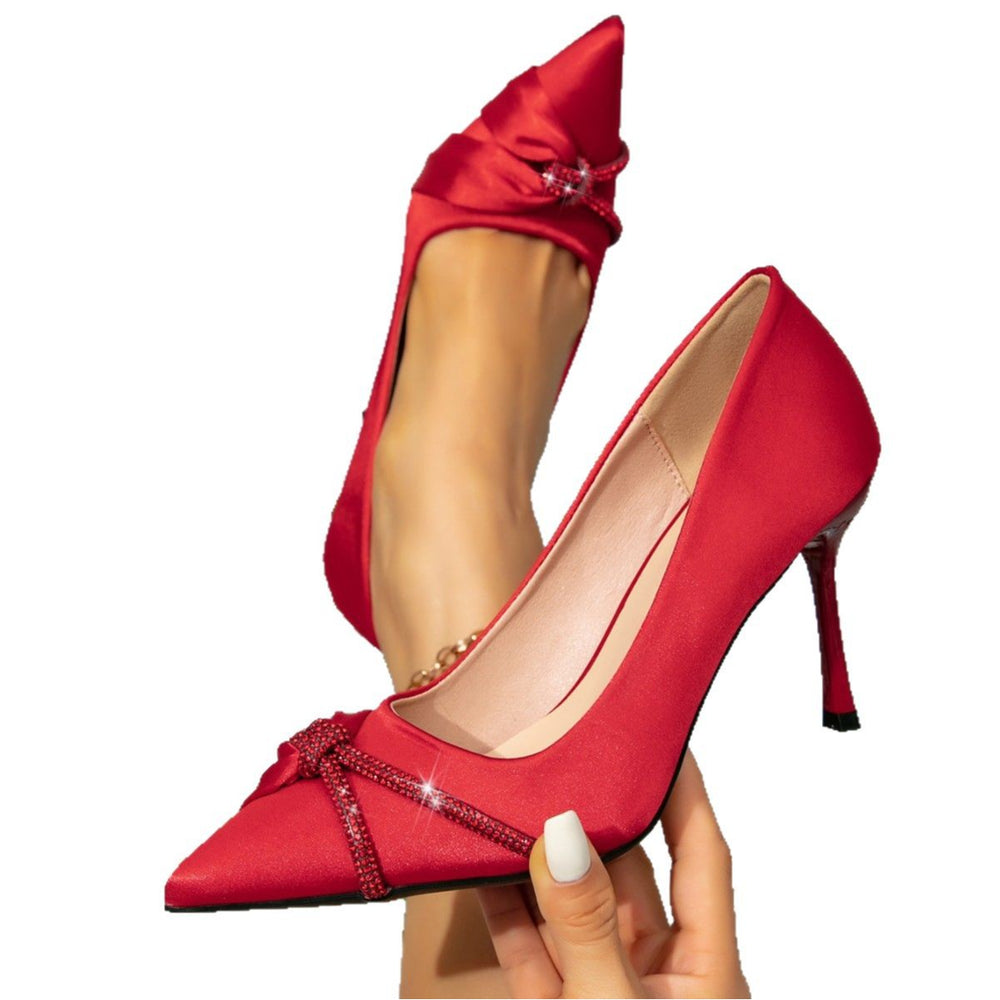 Women's red high heels with rhinestone straps, stiletto heels, fashion pointed toe shoes, red chain embellished minimalist high heels