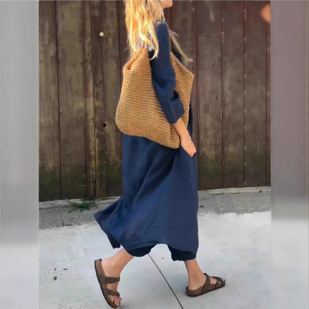 2025 amazon independent station fashionbest selling women's summerflap pocket pantsv neck 2-piece setpure colorloose cross-border women's clothing