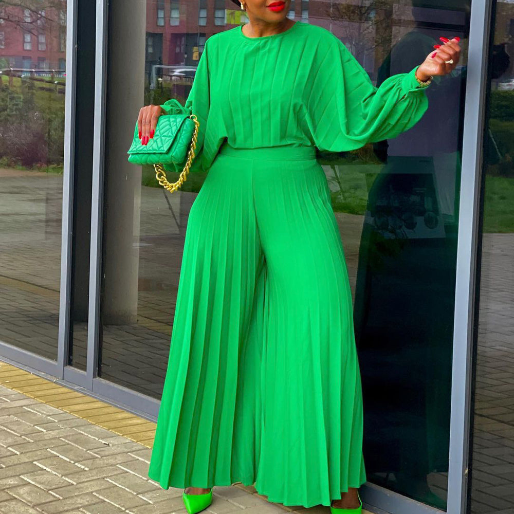 C8531 european and american style cross-border summer loose plus size casual shirt top and wide leg pants two-piece set - wholesale outfit