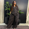 European and american women's clothing  autumn new collection: sweet and fresh printed v-neck batwing sleeve high-waisted straight-leg pants two-piece set