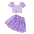 Girls' two-piece set: ribbed knit top with pearl button detail and 3d butterfly mesh skirt