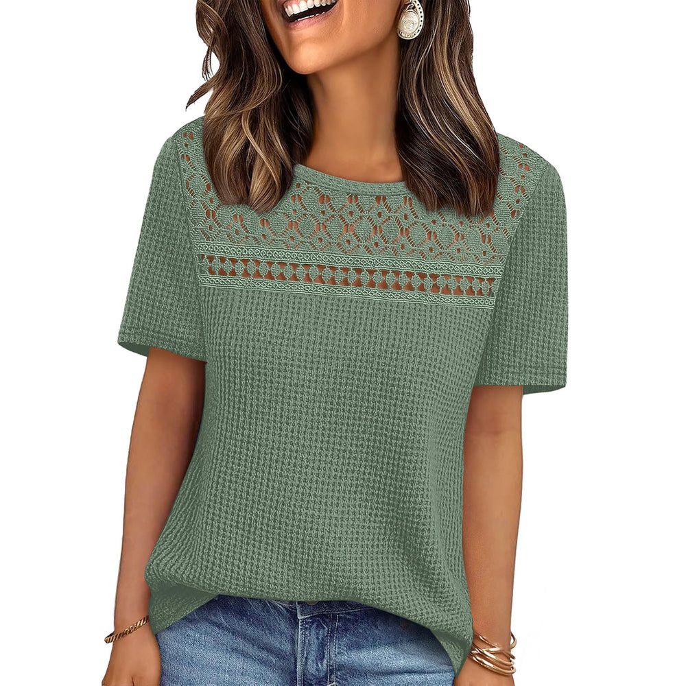 european and american  cross-border women's summer new arrival: mesh hollow-out breathable versatile round neck short sleeve t-shirt top