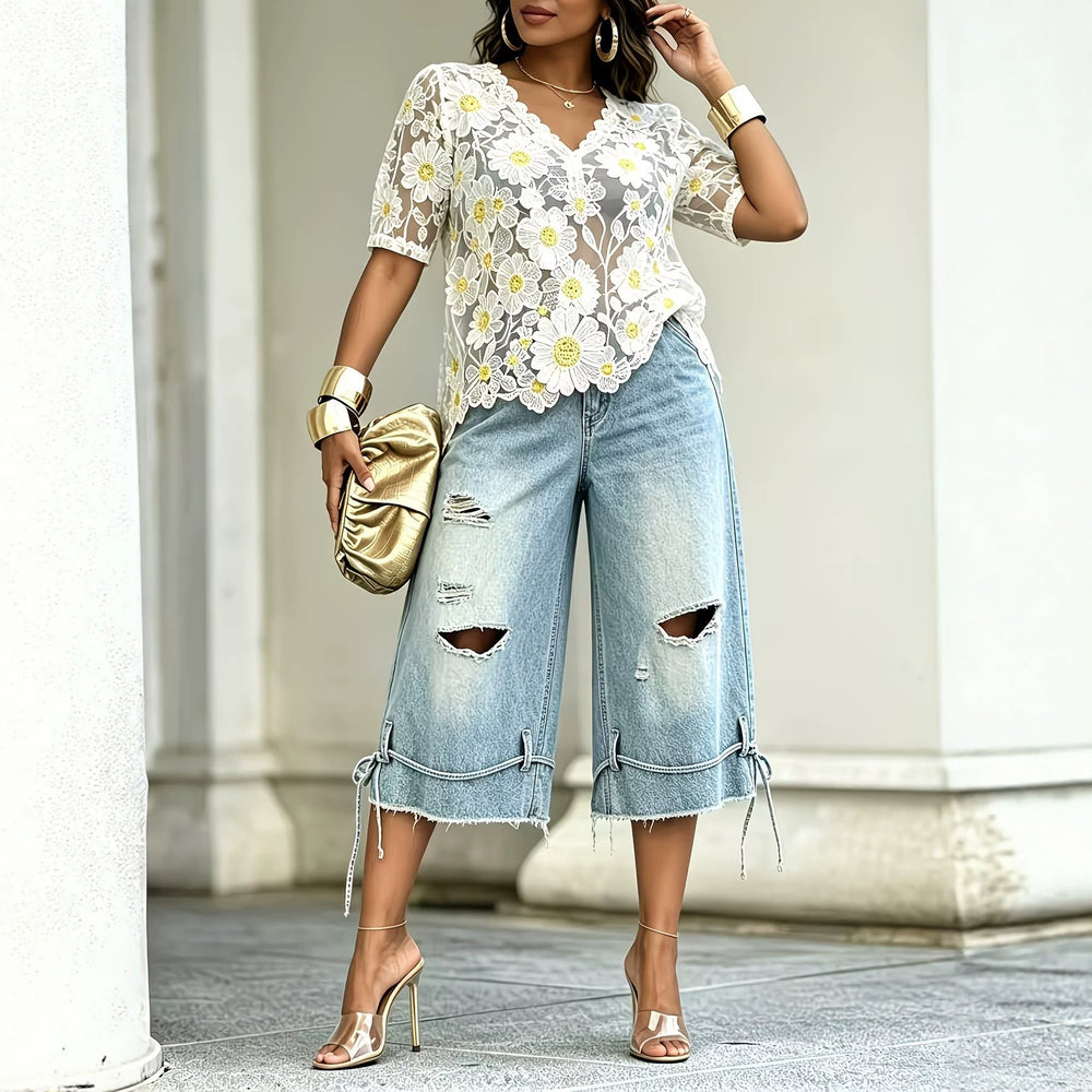 European and american jeans women's washed big holes cropped loose pants drawstring raw edge plus size loosecasualsummer thin style
