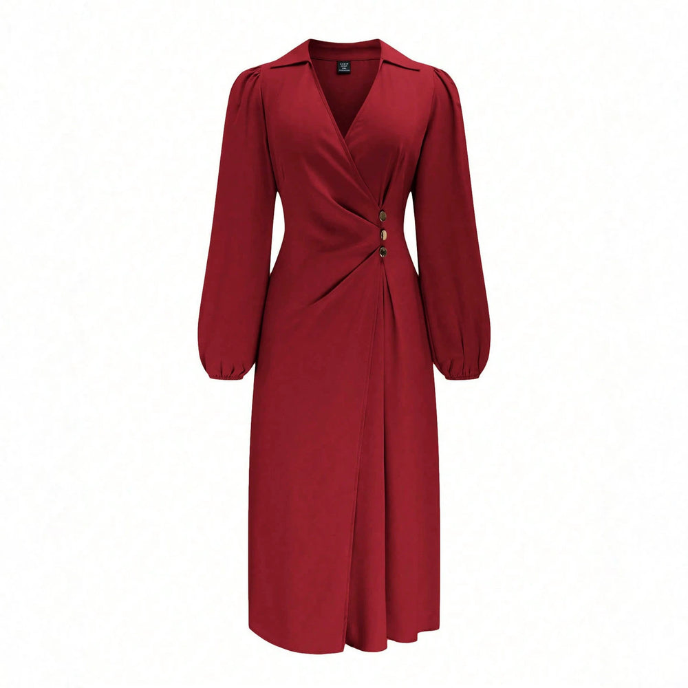 european and american plus size wine red lapel dress - v-neck wrap with twist detail, button closure, and lantern sleeves