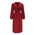 european and american plus size wine red lapel dress - v-neck wrap with twist detail, button closure, and lantern sleeves