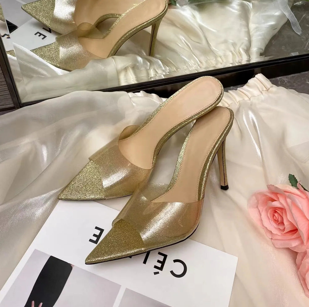 Wo huizhou european and american women's shoes transparent one-line high heels stiletto pointed toe not tired feet easiest for match summer slippers outwear