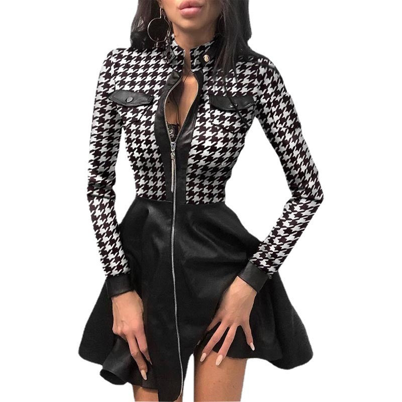 fall/winter new arrival: cross-border women's fashion dress - bestselling european & american style leather patchwork bodycon dress