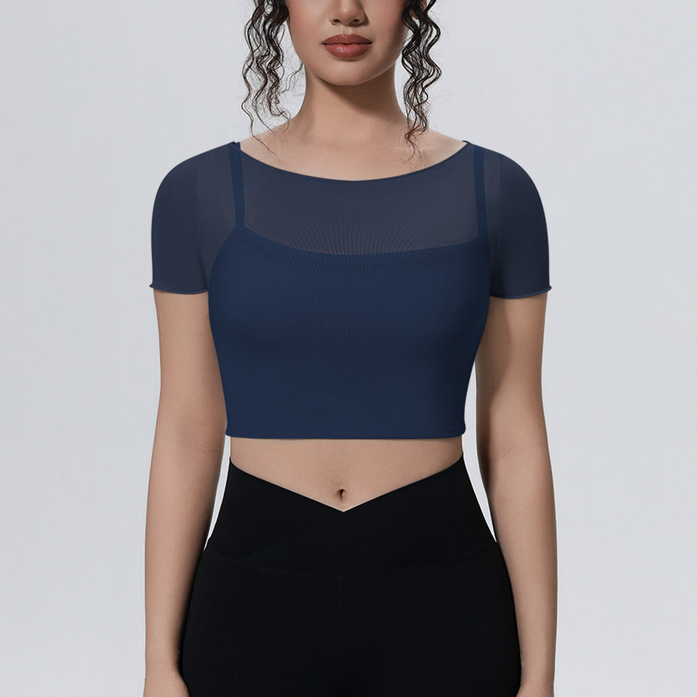 Fake two-piece mesh sports short-sleeved t-shirt for women with chest pad and navel-baring topsoutwear yoga quick-drying slimming look fitness clothes
