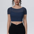 Fake two-piece mesh sports short-sleeved t-shirt for women with chest pad and navel-baring topsoutwear yoga quick-drying slimming look fitness clothes
