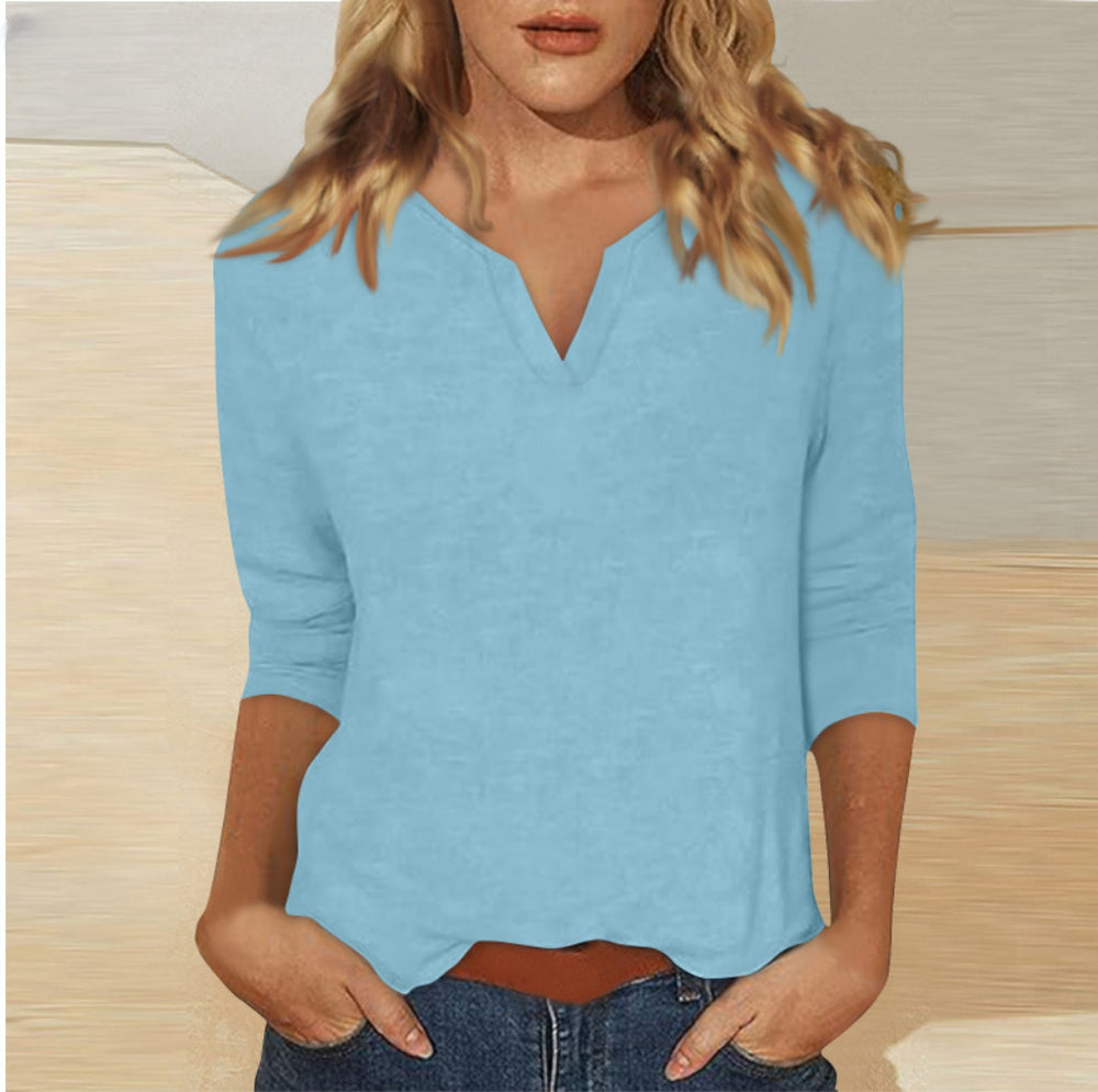 cross-border women's v-neck 3/4 sleeve solid color t-shirt top