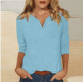 cross-border women's v-neck 3/4 sleeve solid color t-shirt top
