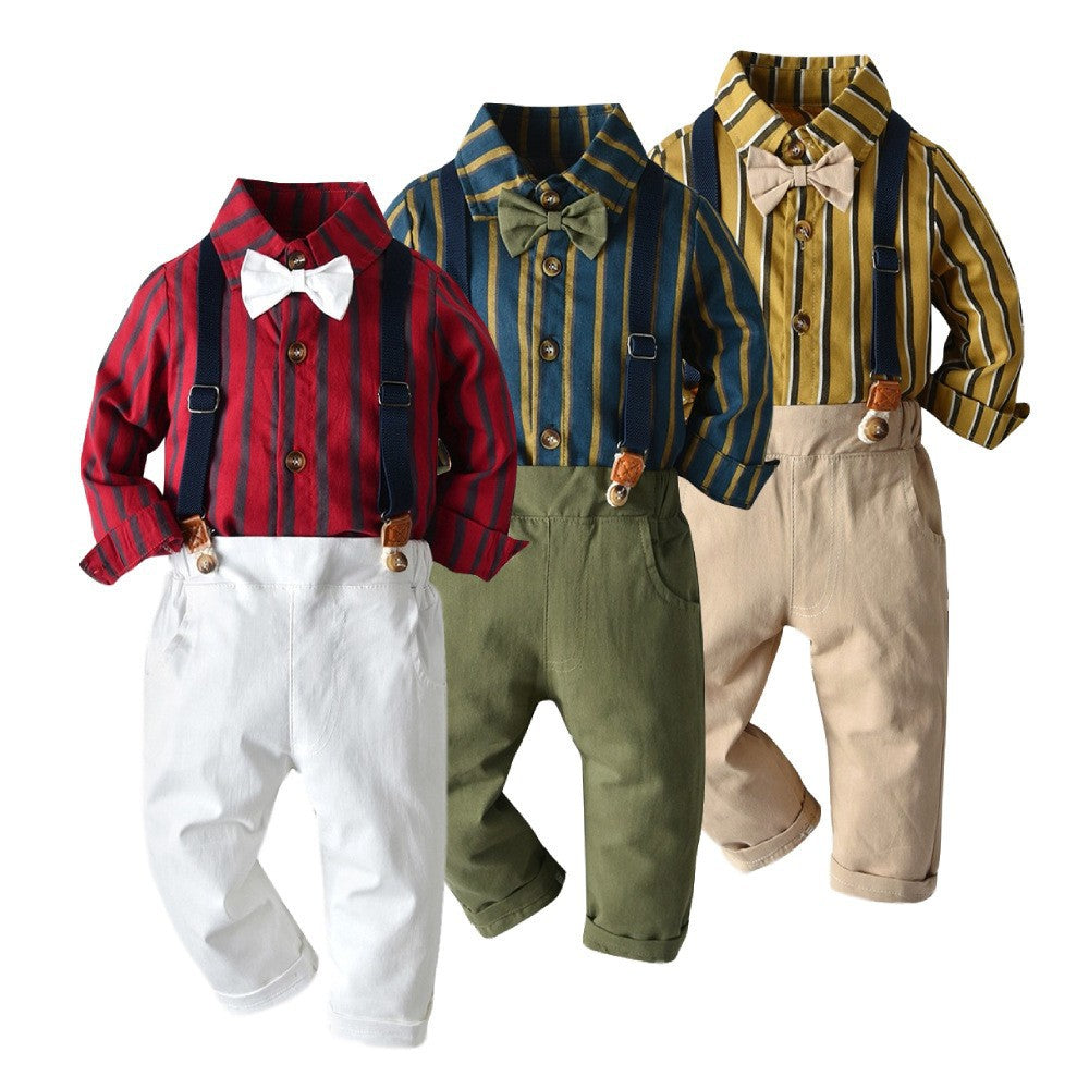 wholesale set: spring/autumn boys' long-sleeve striped turn-down collar shirt & overalls - oem children's formal wear customization