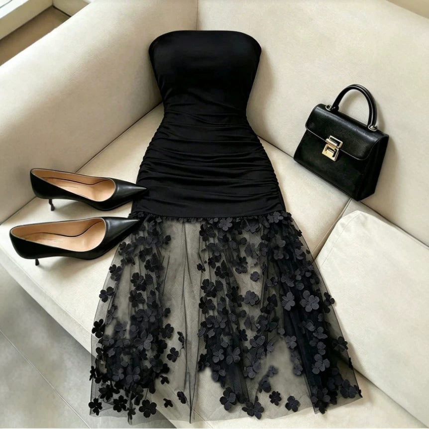 Fashionexport black sexy strapless tube top backless long skirt stereo flower cut outpatchworka-line tutu skirt