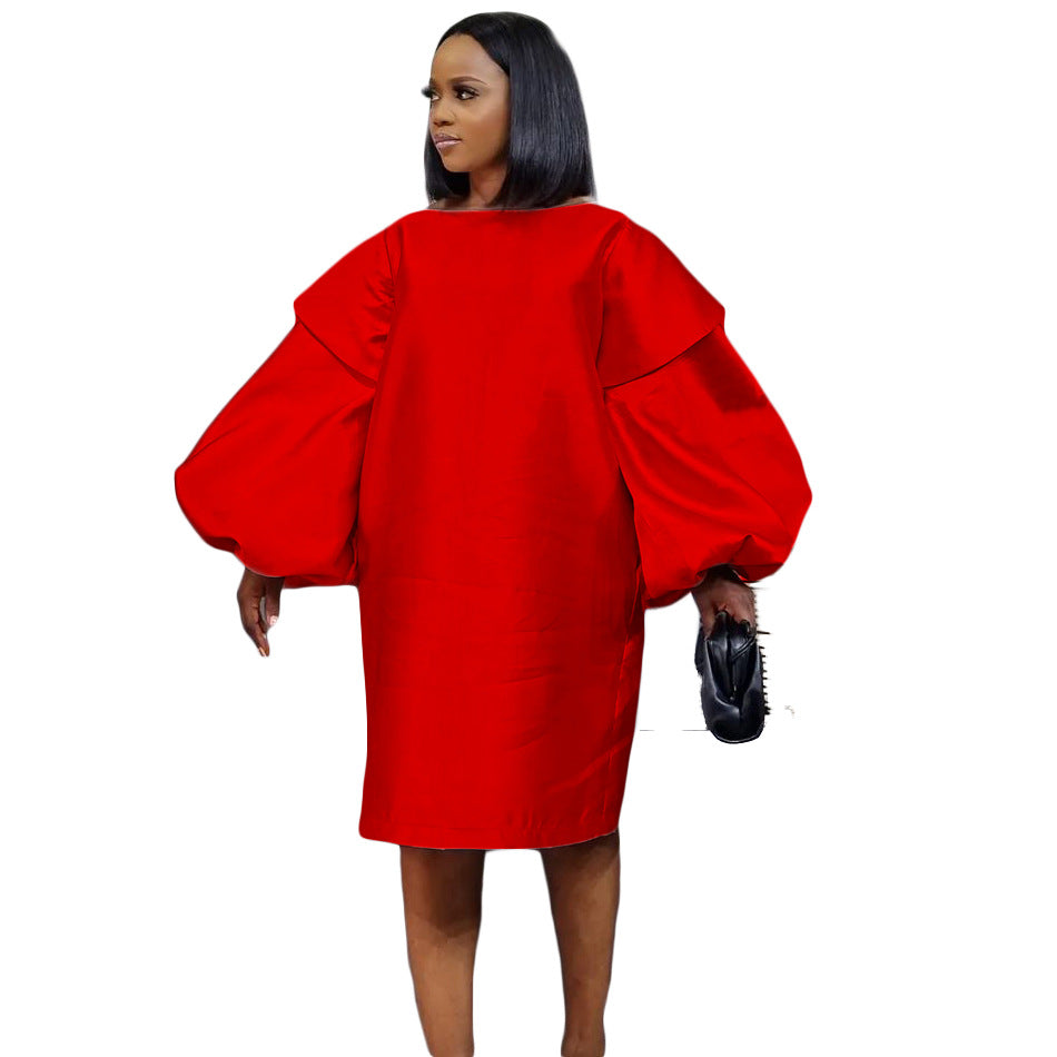 D3075  autumn plus size fashion women's loose puff sleeve european and american african mom dress cross-border dress