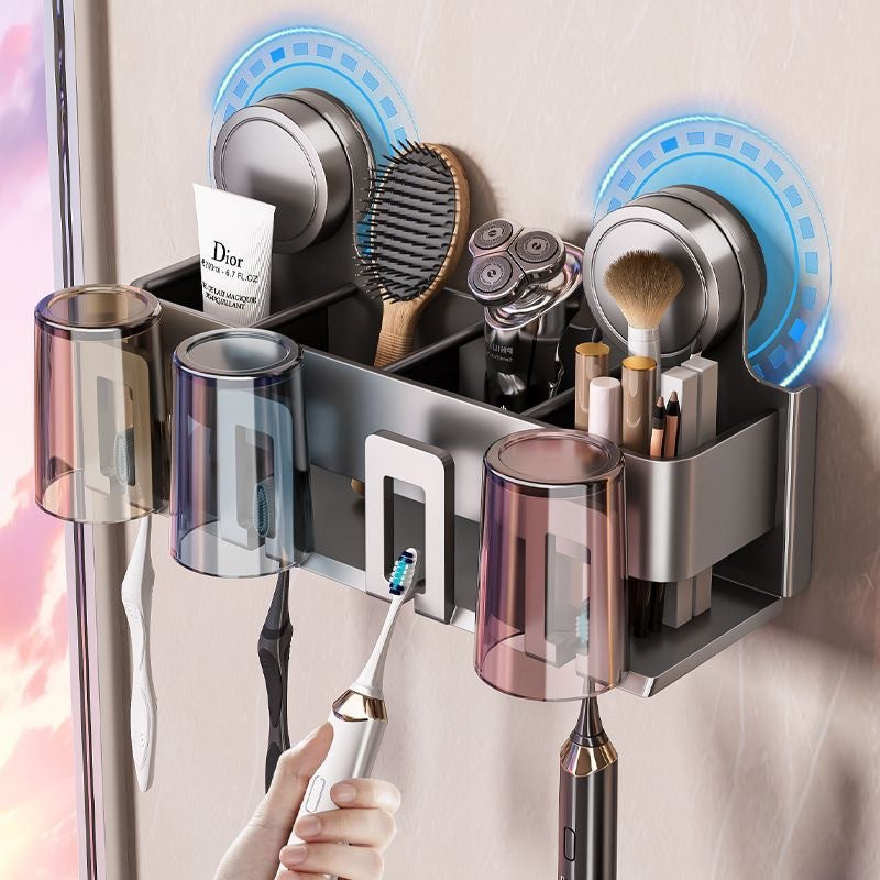 Suction cup toothbrush holder - no drilling required, toothbrush & mouthwash cup organizer, toothpaste dispenser, wall-mounted bathroom storage rack