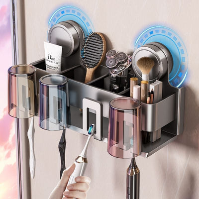 Suction cup toothbrush holder - no drilling required, toothbrush & mouthwash cup organizer, toothpaste dispenser, wall-mounted bathroom storage rack